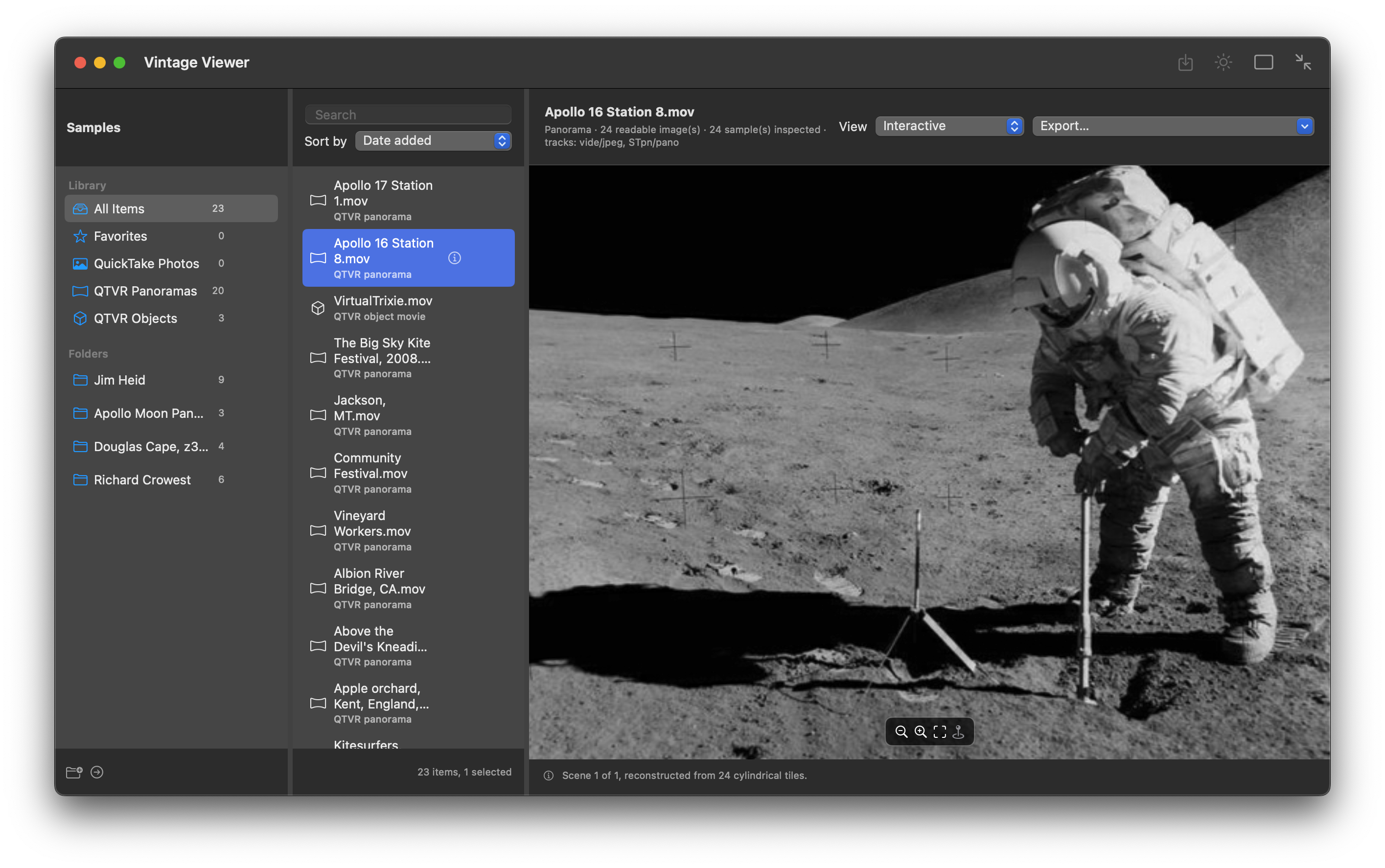 Vintage Viewer showing its library, folders, and an open panorama