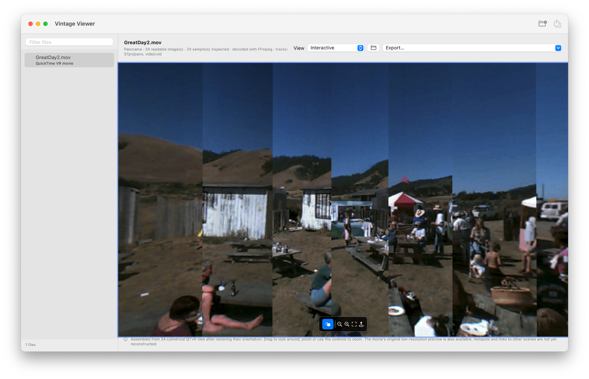 Vintage Viewer displaying an interactive panorama with pan and zoom controls