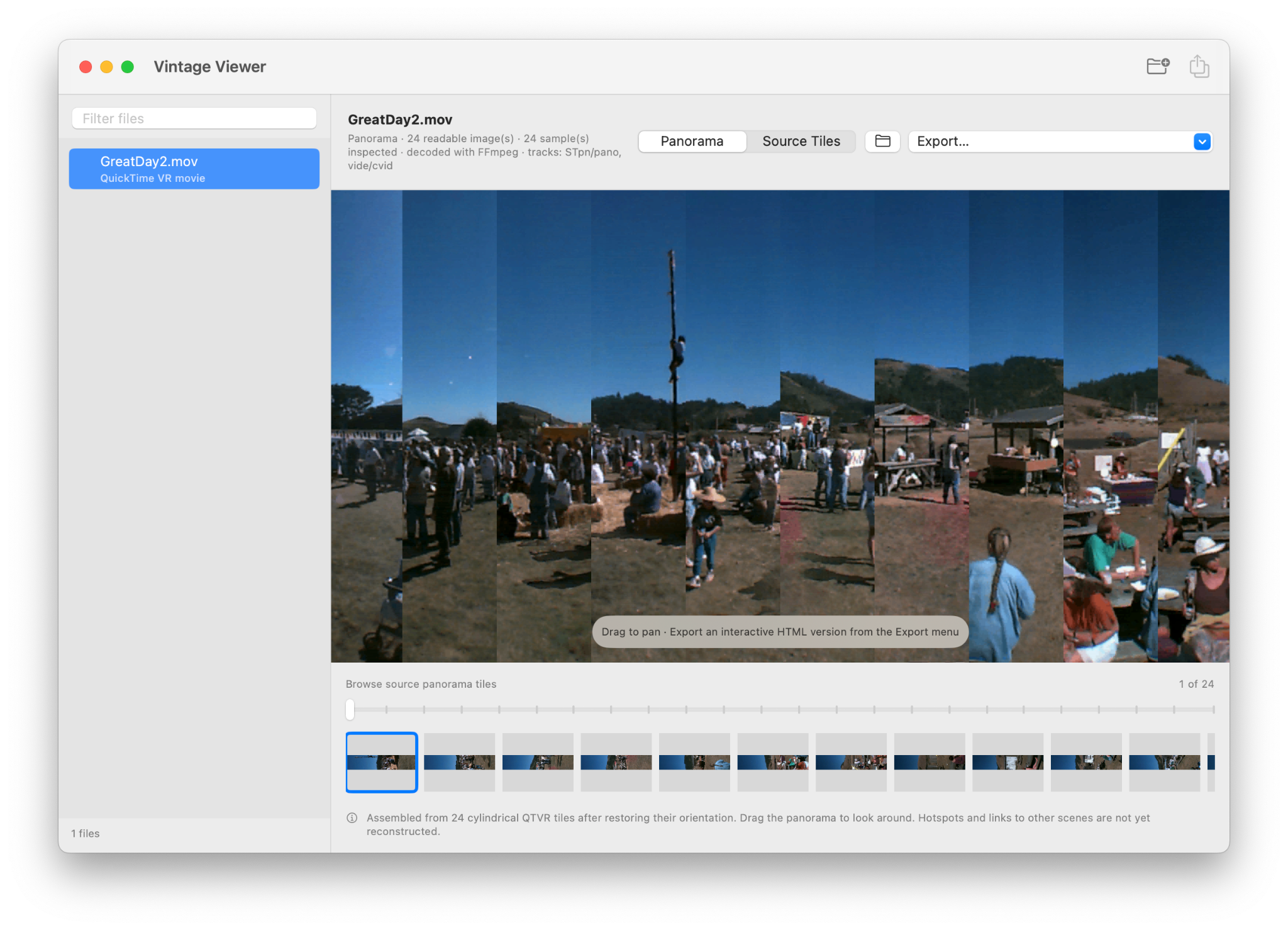Vintage Viewer displaying a panorama with its source image thumbnails